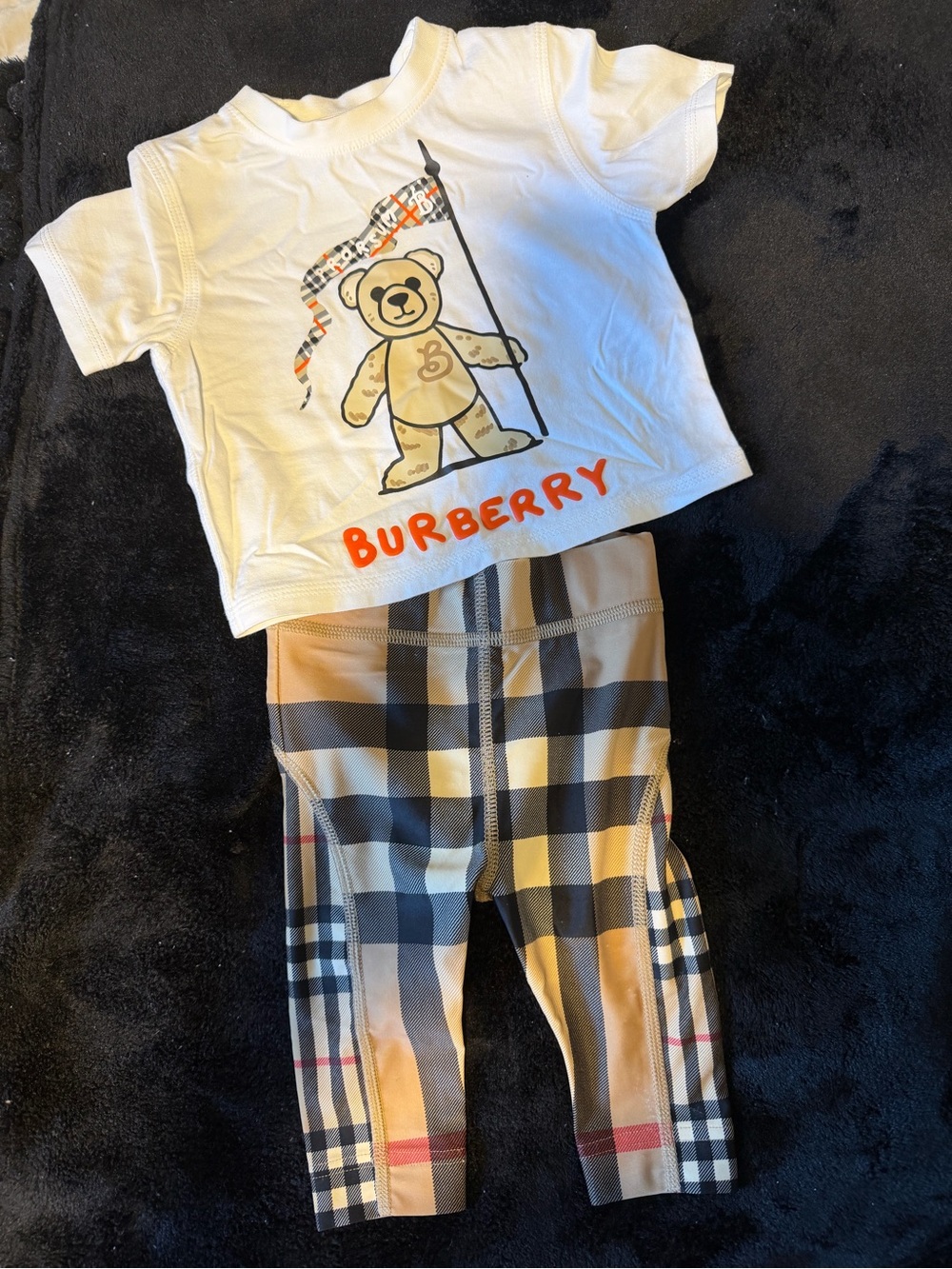 Burberry White Tee with Beige Teddy and Beige Check Leggings - Kids Pajama Set